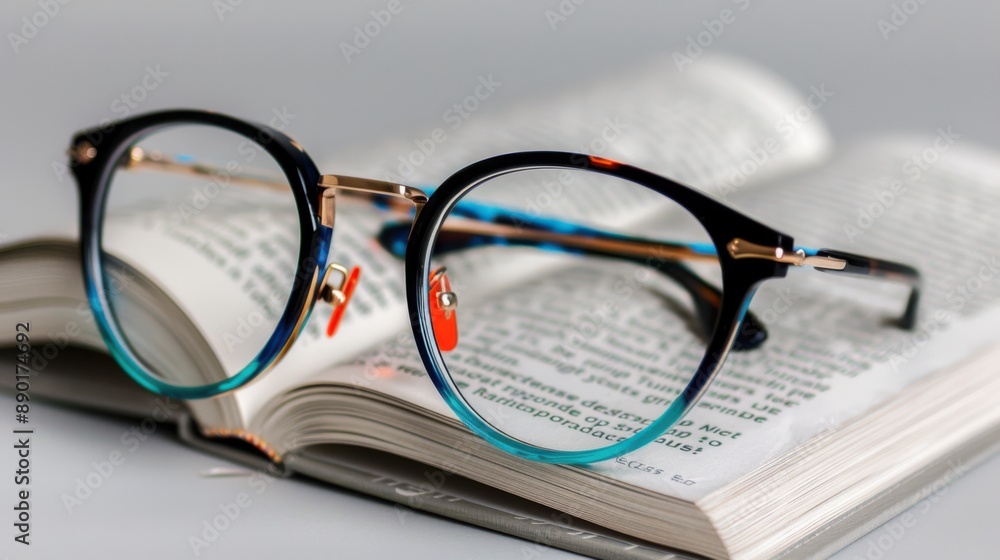 A pair of stylish reading glasses resting on an open book with detailed text, isolated on a transparent background A pair of stylish reading glasses resting on an open book with detailed text, isolated on a transparent background