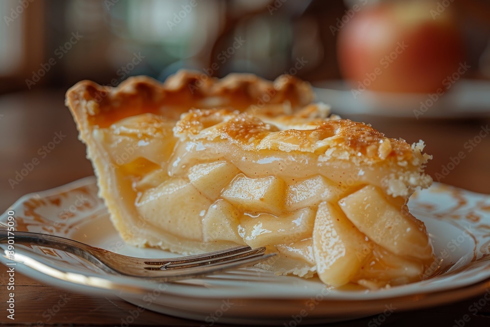 A slice of flavorful homemade fresh apple pie on a white plate on a kitchen background, perfect for a recipe website or cooking school website A slice of flavorful homemade fresh apple pie on a white plate on a kitchen background, perfect for a recipe website or cooking school website