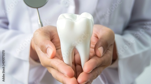 Dentist Holding a Model of a Healthy Tooth. AI generated