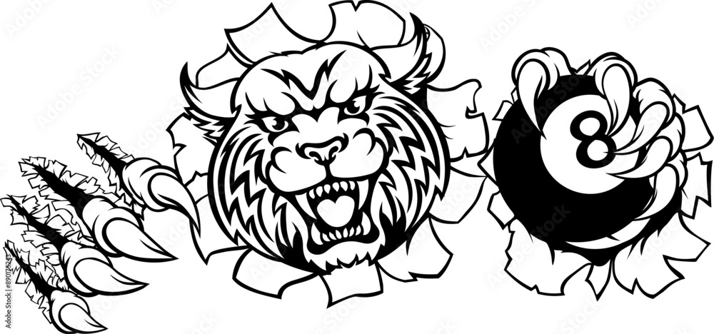 Obraz premium A wildcat bobcat lynx angry mean pool billiards mascot cartoon character holding a black 8 ball.