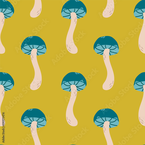 Seamless autumn pattern with abstract mushrooms on green background. Autumn background, vector illustration.