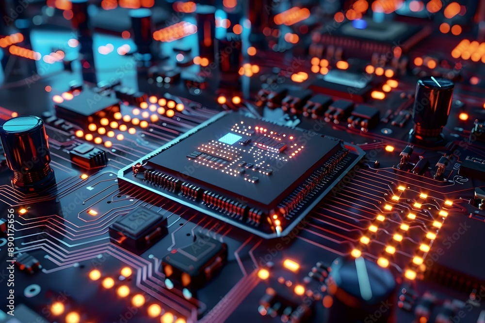 AI processor on a circuit board with glowing elements and advanced electronic components AI processor on a circuit board with glowing elements and advanced electronic components