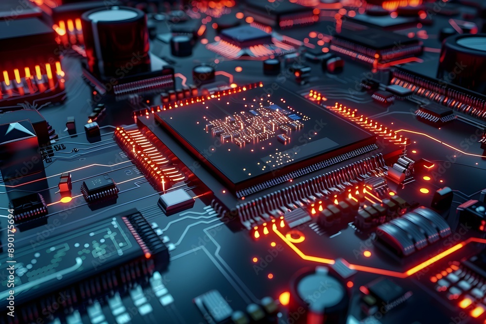 AI processor on a circuit board with glowing elements and advanced electronic components AI processor on a circuit board with glowing elements and advanced electronic components