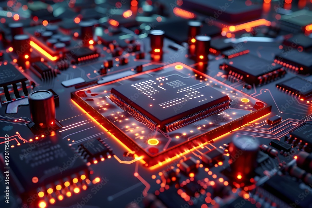 AI processor on a circuit board with glowing elements and advanced electronic components AI processor on a circuit board with glowing elements and advanced electronic components