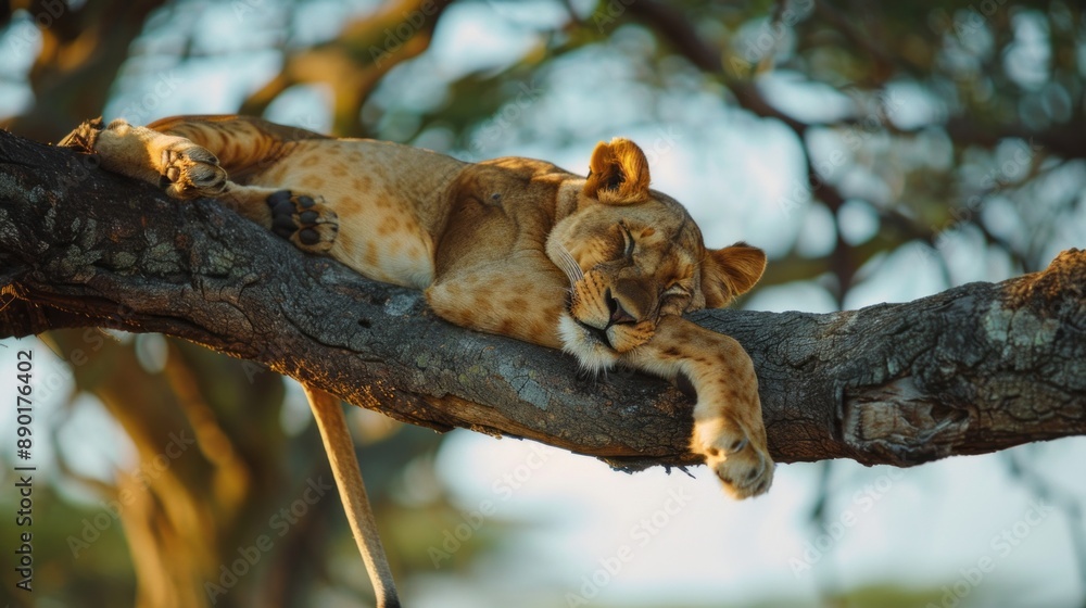 Obraz premium A lion is sleeping on a tree branch