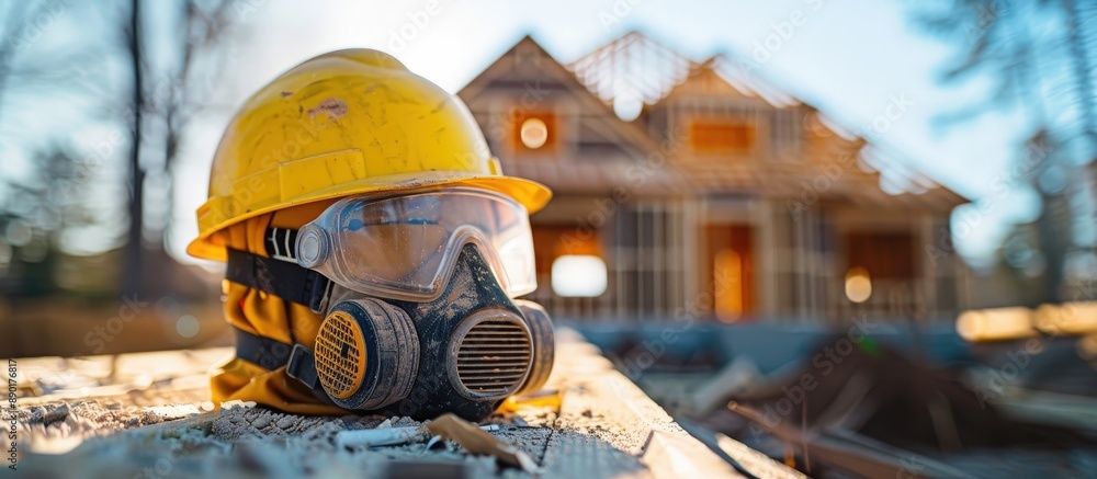 Construction Site with Safety Gear and Partially Built House in Background Construction Site with Safety Gear and Partially Built House in Background