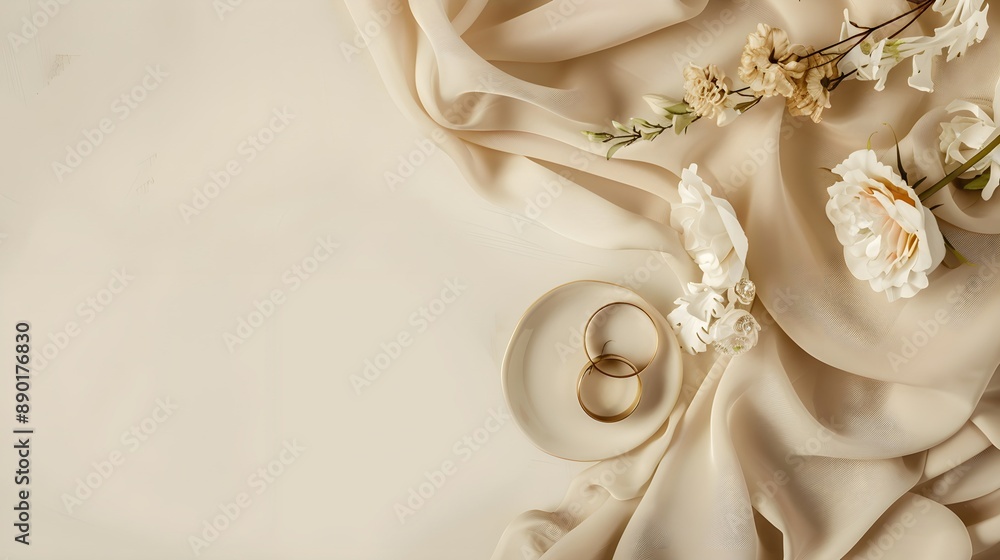 A beige white wedding table with a tablecloth and two wedding rings. Top view wedding banner with plenty of copy space. A beige white wedding table with a tablecloth and two wedding rings. Top view wedding banner with plenty of copy space.