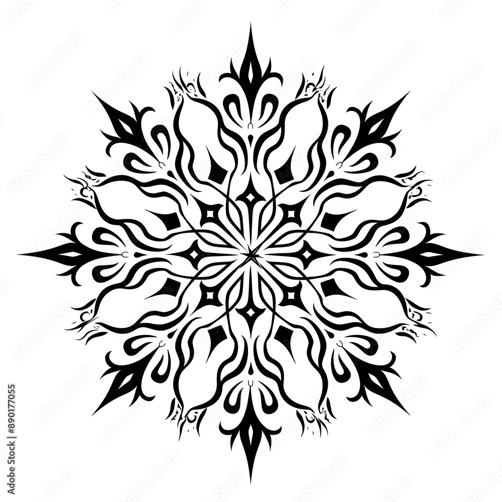 A black line art snowflake design on a white background, suitable for graphic layouts and templates A black line art snowflake design on a white background, suitable for graphic layouts and templates
