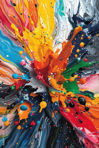 Vibrant Abstract Paint Splash Explosion with Multicolored Paint Strokes and Droplets on Canvas © Sunshine