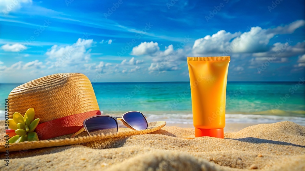 Sunblock, sunglasses, and hat on a sandy beach with blue sky and ocean in background Sunblock, sunglasses, and hat on a sandy beach with blue sky and ocean in background