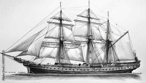 Detailed sketch of a classic sailing ship in pencil.