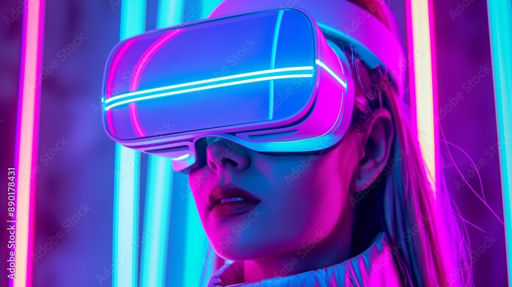 A woman wearing a virtual reality headset is standing in front of neon lights. The lights are in various colors, creating a vibrant and energetic atmosphere A woman wearing a virtual reality headset is standing in front of neon lights. The lights are in various colors, creating a vibrant and energetic atmosphere