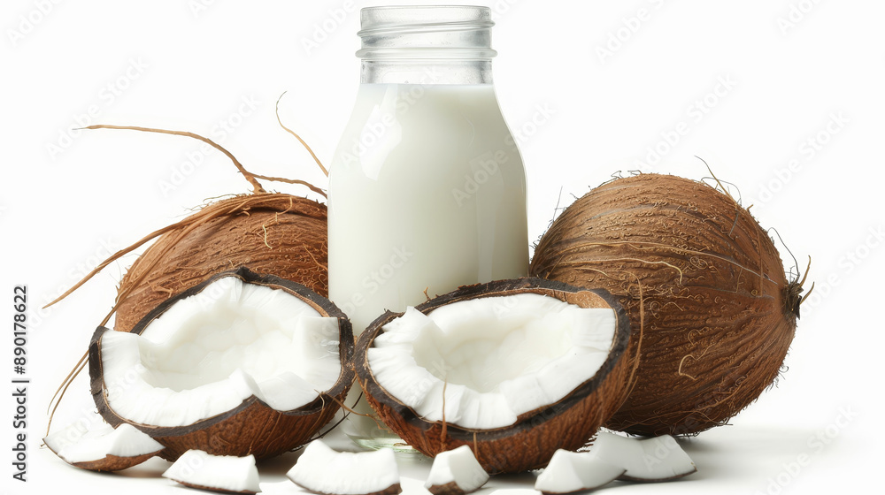 Bottle of milk with a whole coconut and a slice of coconut, isolated on a white background. Bottle of milk with a whole coconut and a slice of coconut, isolated on a white background.