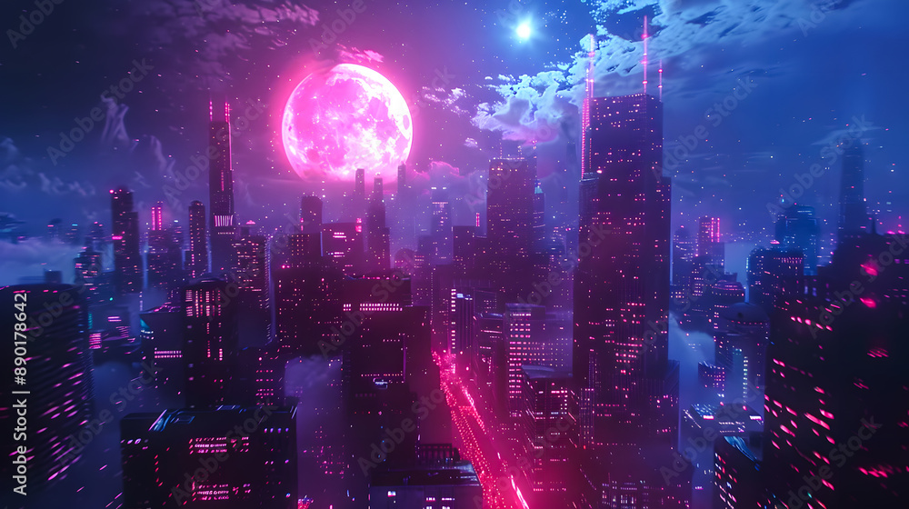 Night city in the light of the moon and neon lights Night city in the light of the moon and neon lights