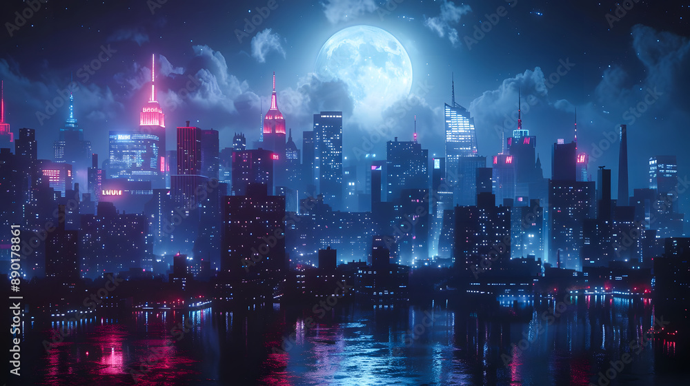 Night city in the light of the moon and neon lights Night city in the light of the moon and neon lights