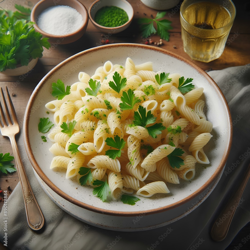 Plate filled to brim with generous serving of white pasta adorned with vibrant garnish of fresh parsley. Plate filled to brim with generous serving of white pasta adorned with vibrant garnish of fresh parsley.