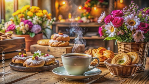 Wallpaper Mural Warm and cozy atmosphere of a rustic coffee shop with steamy cups, delicious pastries, and vibrant flowers, celebrating the joy of shared coffee moments together. Torontodigital.ca