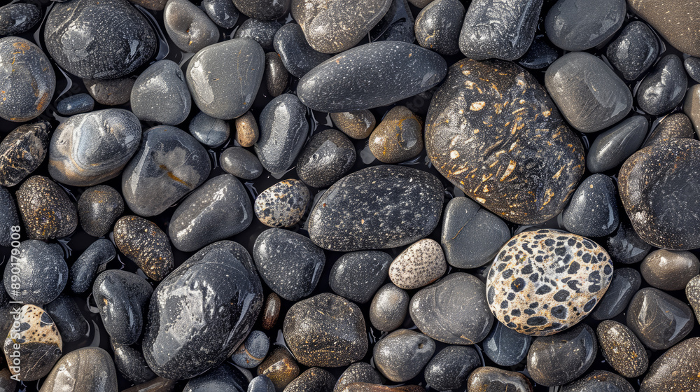 Rounded pebbles form a textured background on this beach. Some pebbles are dark and wet, while others are gray and dry. This image captures the essence of a relaxing beach vacation. Rounded pebbles form a textured background on this beach. Some pebbles are dark and wet, while others are gray and dry. This image captures the essence of a relaxing beach vacation.
