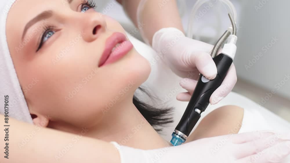 A cosmetologist does a hydrofacial procedure on a woman's face in a modern beauty clinic. Concept of cosmetology, care and healthy skin. A cosmetologist does a hydrofacial procedure on a woman's face in a modern beauty clinic. Concept of cosmetology, care and healthy skin.
