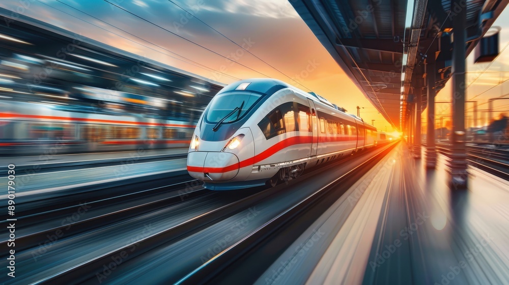 High-Speed Modern Train at Sunset in a Busy Urban Station Capturing Motion and Energy High-Speed Modern Train at Sunset in a Busy Urban Station Capturing Motion and Energy