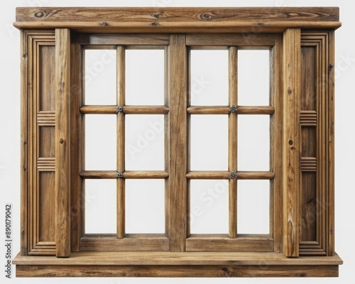 Isolated wooden window frame with intricate details and rustic texture  set against a pure white background  ideal for architectural or design concepts  with clipping path.