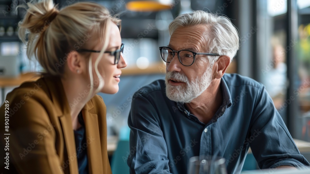 A senior man and young woman having a serious discussion in a modern office setting, emphasizing intergenerational business collaboration. A senior man and young woman having a serious discussion in a modern office setting, emphasizing intergenerational business collaboration.