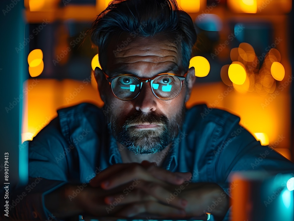 Dedicated Executive Burning the Midnight Oil in Dimly Lit Office Focused on Business and Work Concept Dedicated Executive Burning the Midnight Oil in Dimly Lit Office Focused on Business and Work Concept