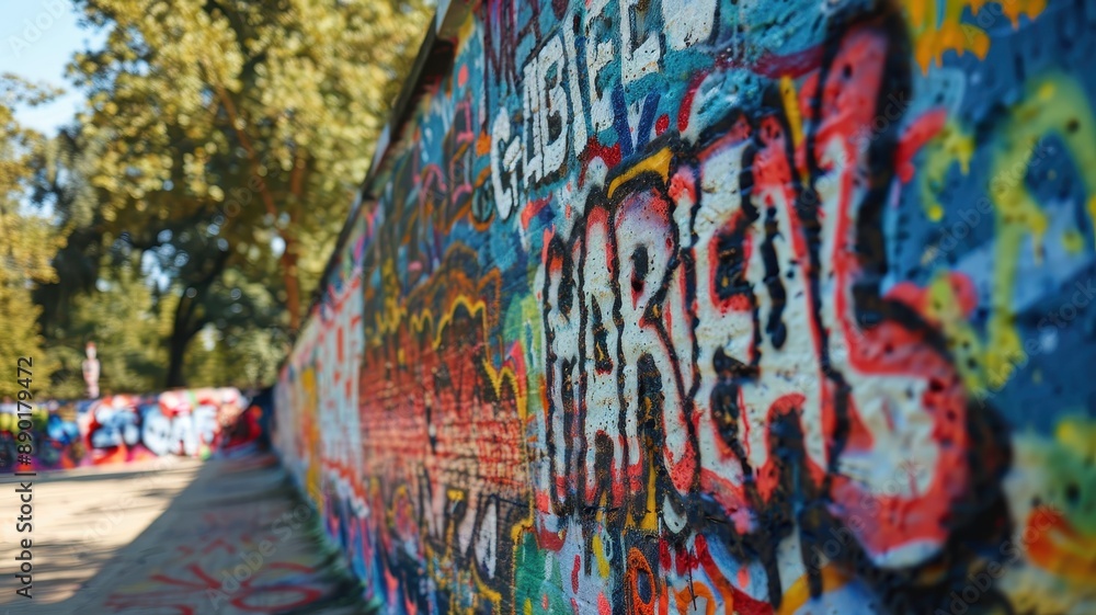 Colorful graffiti street art on a wall in an urban area with trees in the background during daylight. Colorful graffiti street art on a wall in an urban area with trees in the background during daylight.