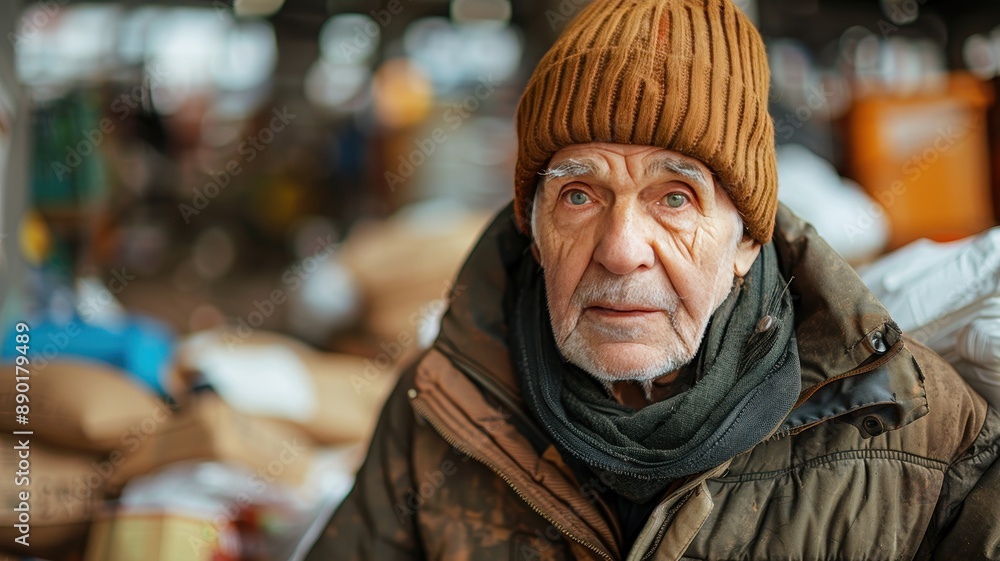 Elderly man wearing a wool hat and scarf in an outdoor market setting, looking pensive and reflective. Elderly man wearing a wool hat and scarf in an outdoor market setting, looking pensive and reflective.