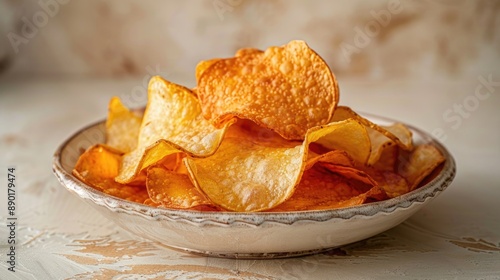 Crispy Golden Potato Chips in Rustic Ceramic Bowl photo