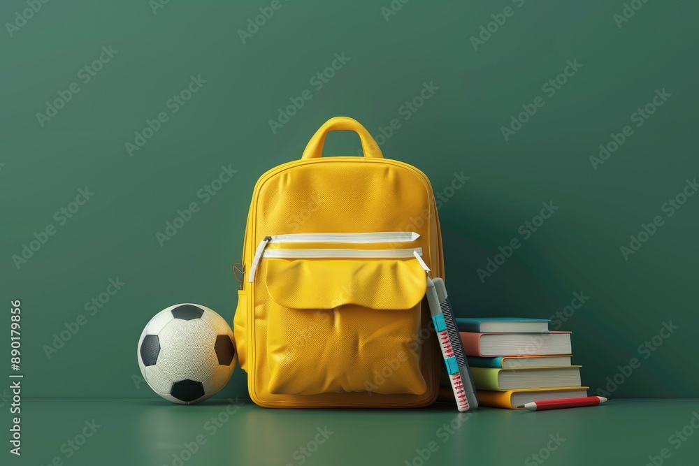 3d rendering of yellow school backpack with books, basketball ball and other accessories on green background. Back to School concept 3d rendering of yellow school backpack with books, basketball ball and other accessories on green background. Back to School concept