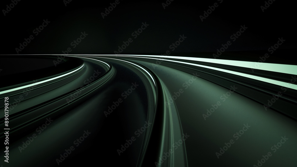 Abstract background with dark green curved lines, speed and motion concept, blurred road in the foreground, black backdrop. Abstract background with dark green curved lines, speed and motion concept, blurred road in the foreground, black backdrop.