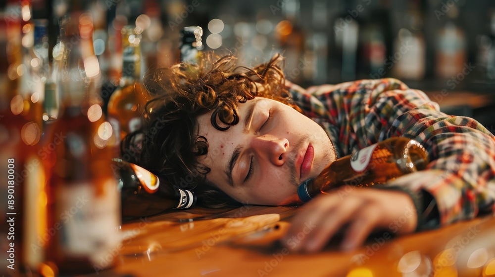 Obraz premium Young man asleep on a bar counter, surrounded by empty beer bottles, reflecting exhaustion or intoxication in a nightlife setting.