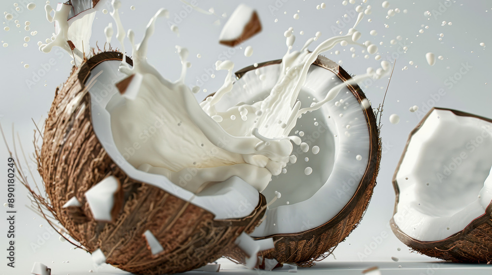 Coconut milk flying out from a cracked coconut fruit. The file includes a clipping path. Coconut milk flying out from a cracked coconut fruit. The file includes a clipping path.