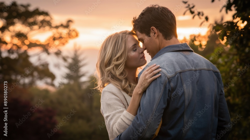 A man and woman kissing each other in front of a sunset, AI A man and woman kissing each other in front of a sunset, AI