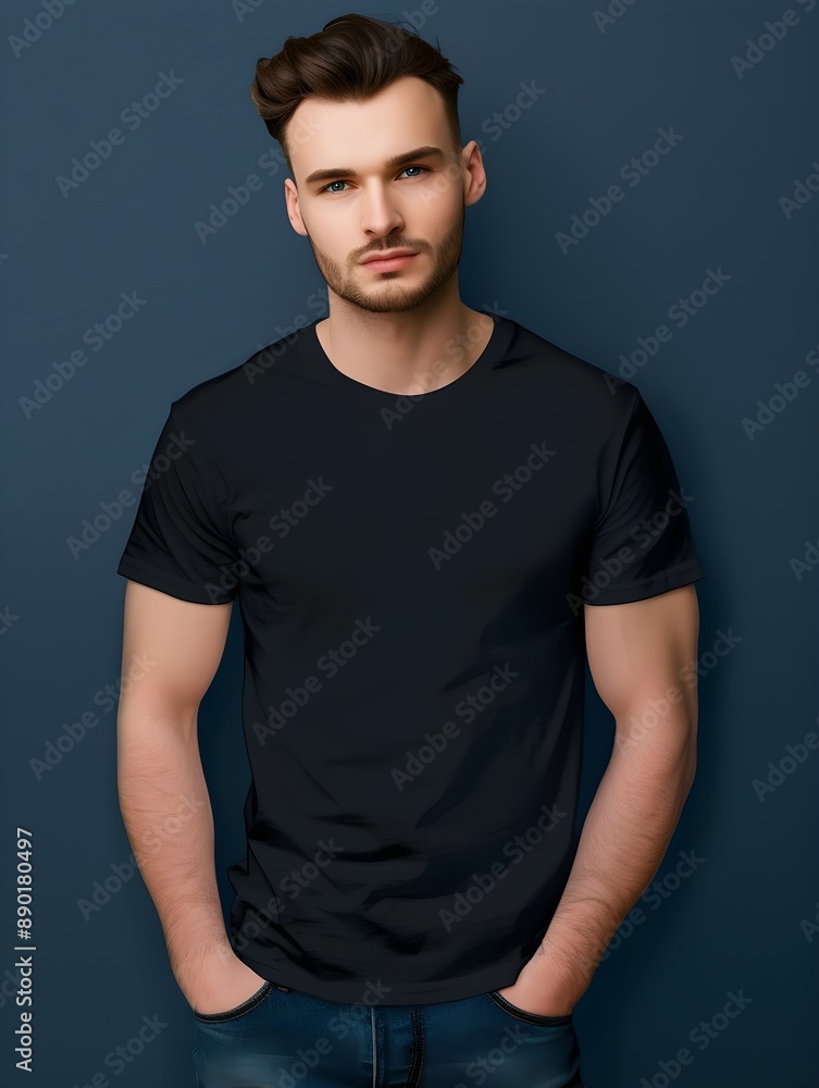 A blank plain dark blue black tight fit tshirt mockup on an attractive male model with a clean shaven face A blank plain dark blue black tight fit tshirt mockup on an attractive male model with a clean shaven face