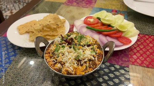 Spicy rara mutton prepared in Punjabi style in a restaurant served with papad and salad. photo