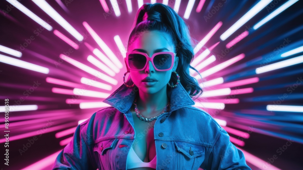 A woman in sunglasses and a jacket standing next to neon lights, AI A woman in sunglasses and a jacket standing next to neon lights, AI