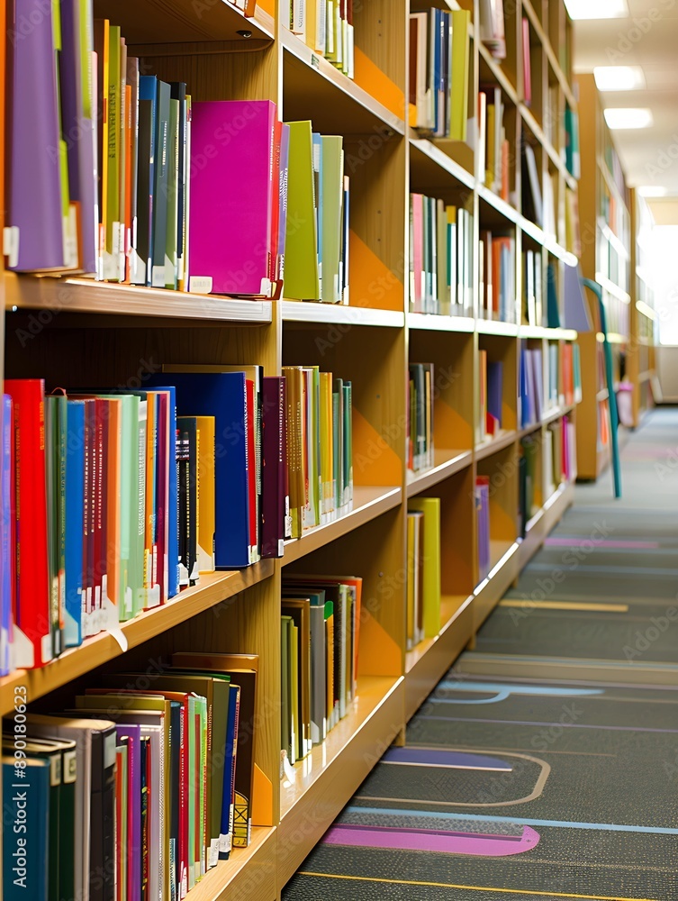 A bookshelf filled with colorful books, in a library hallway, representing the concept of knowledge and learning A bookshelf filled with colorful books, in a library hallway, representing the concept of knowledge and learning