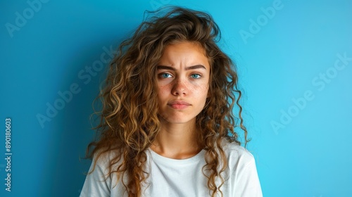 Woman With Curly Hair Posing Against Blue Background © OlScher