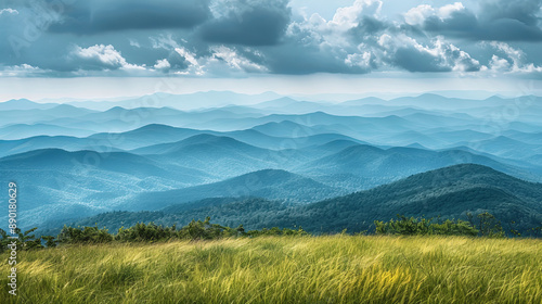 Stunning view of the Blue Ridge Mountains from the Appalachian Trail on top of Round Bald. Layers of grasslands, forests, and majestic peaks stretch into the distance.