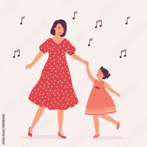 Smiling Mother And Her Little Daughter Dancing Together With Music.