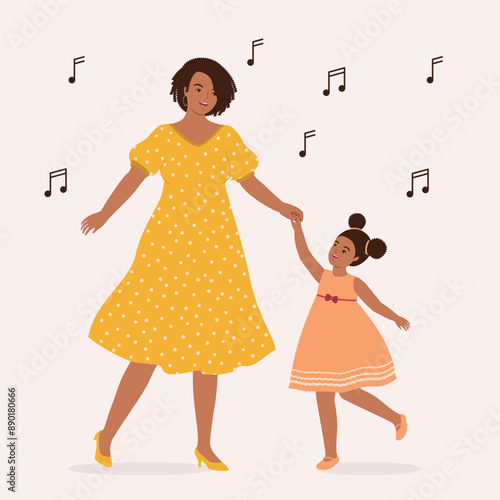Smiling Black Mother And Her Little Daughter Dancing Together With Music.
