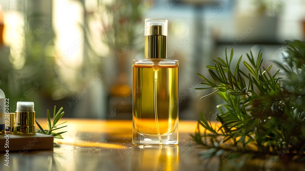 A bottle of perfume is sitting on a table. Serum and Cosmetic bottle A bottle of perfume is sitting on a table. Serum and Cosmetic bottle