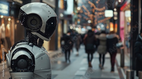 A humanoid robot interacts with city dwellers, assisting tasks and sparking curiosity with advanced tech.