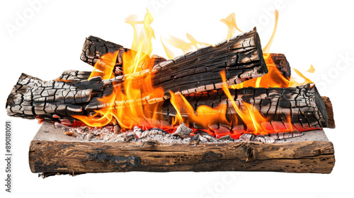 Close-up of burning firewood with flames and embers, perfect for use in backgrounds, decorations, warmth and coziness. photo