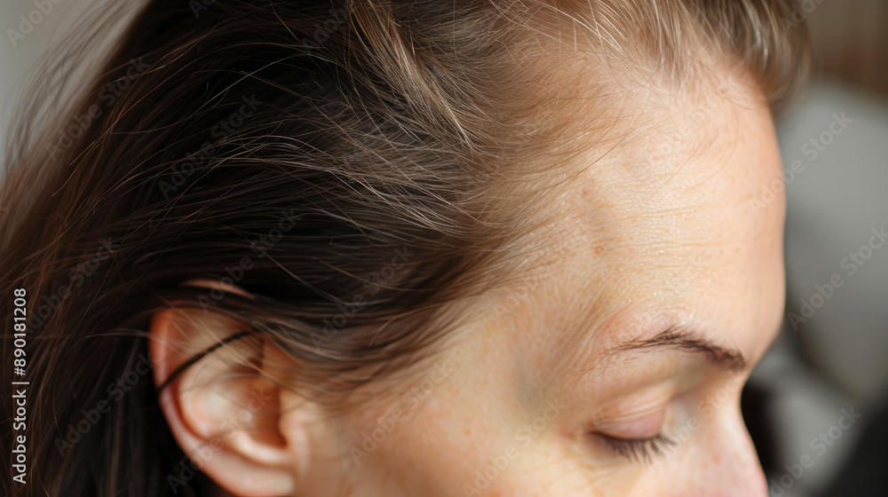 This woman lost hair from the front of her scalp, leaving a receding hairline. This woman lost hair from the front of her scalp, leaving a receding hairline.
