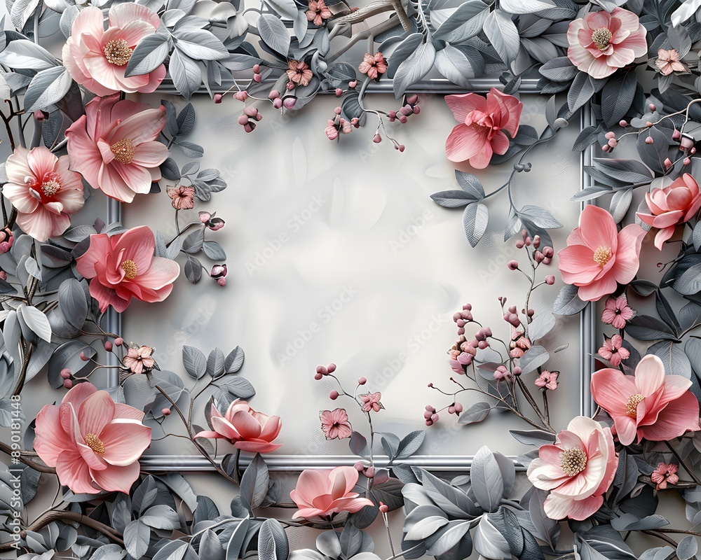 Pink Flowers and Grey Leaves Frame. Template for cover, greeting and invitation cards.