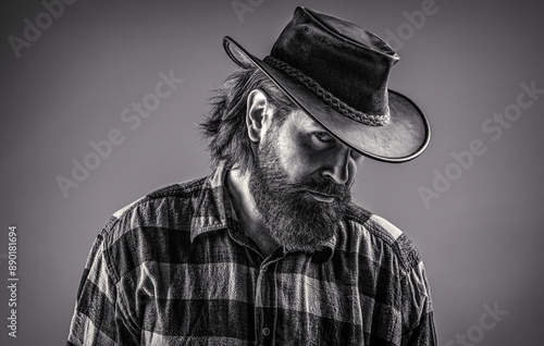 Leather cowboy hat. Handsome young man adjusting his cowboy hat. Man unshaven cowboys. American cowboy. Cowboy style in a plaid shirt. Black and white photo