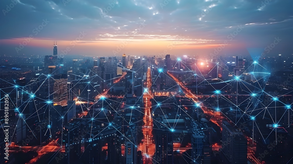 Fototapeta premium Futuristic Smart City Skyline with Interconnected Infrastructure and Sustainable Urban Living